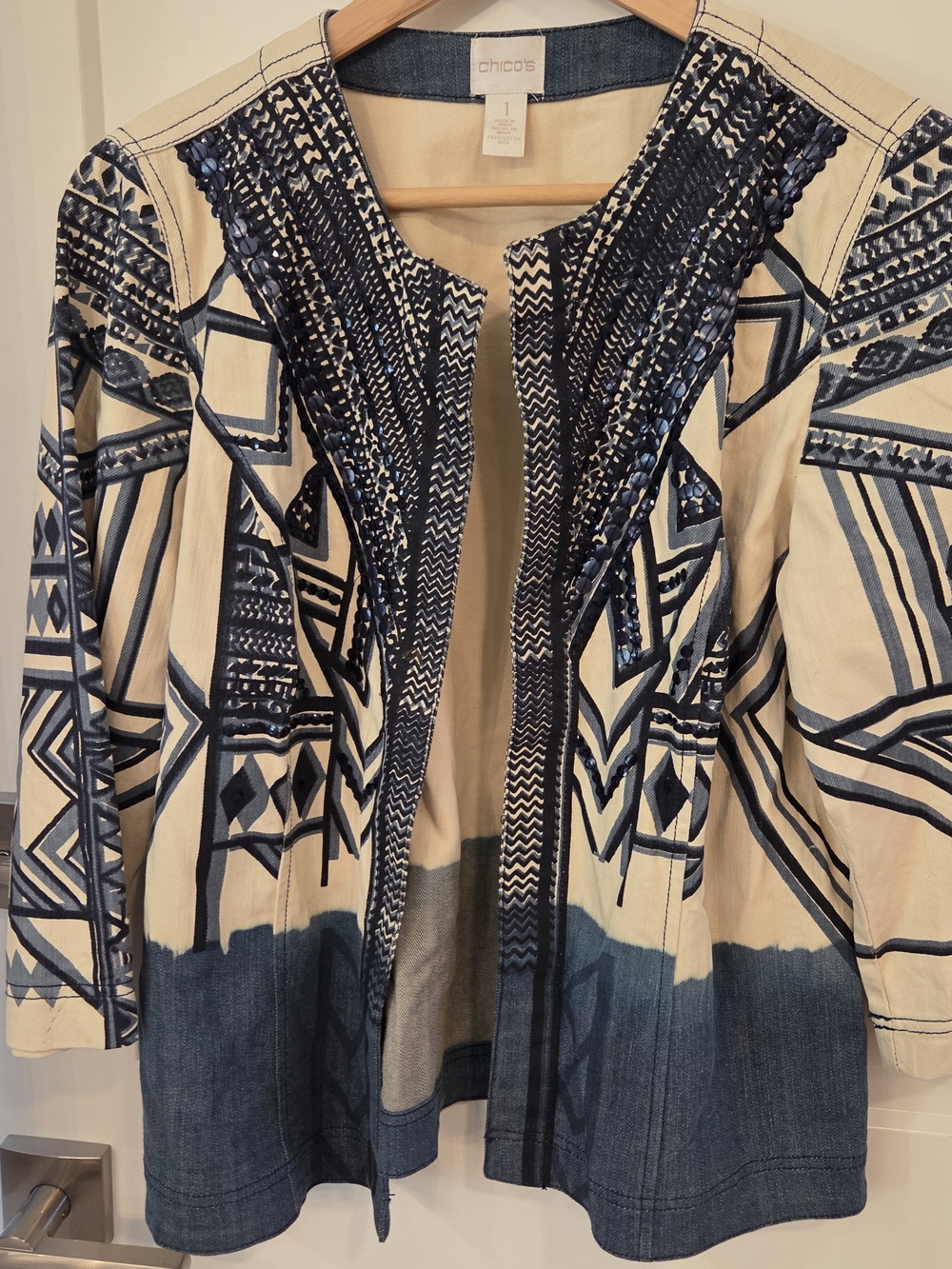 Chico's Embellished Tribal Print Denim Jacket Size 1 Boho Aztec Indie Tribal